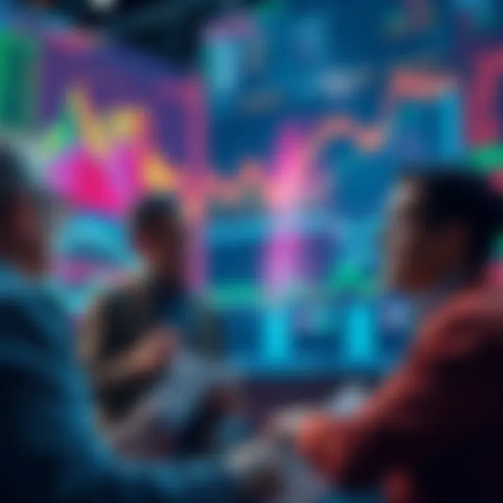 A group of investors looking at market charts and graphs, discussing strategies to buy during dips in a fluctuating market.