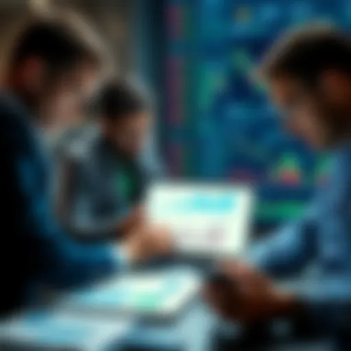 A group of investors studying charts and graphs on a laptop, focused on market data during a tough financial period.