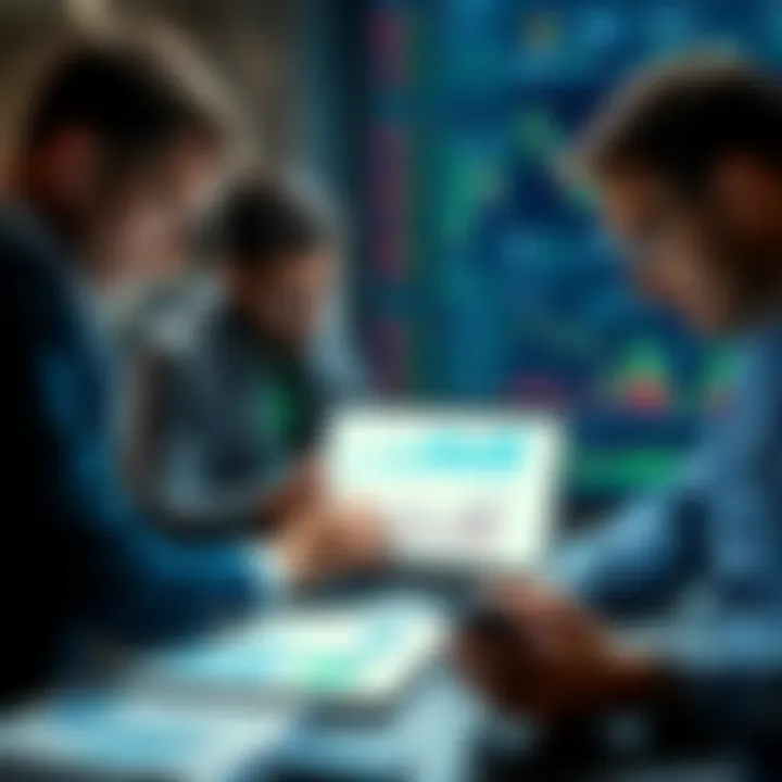 A group of investors studying charts and graphs on a laptop, focused on market data during a tough financial period.