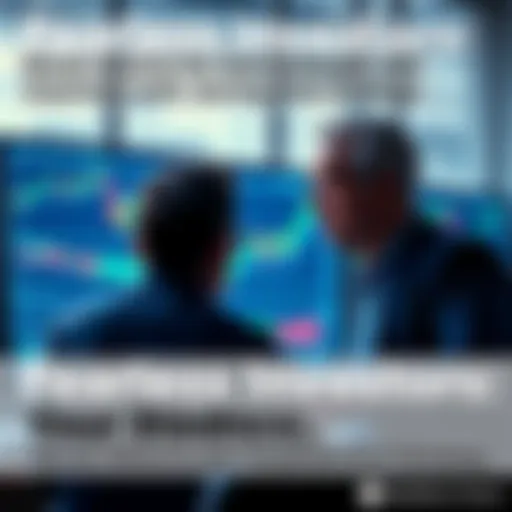Two investors discussing stock charts with moving averages on a screen, focused on market trends and strategies to maximize returns during downturns.