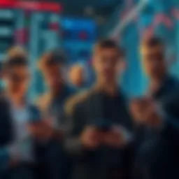 Investors Reacting to Bitcoin Decline Group of investors looking worried while checking Bitcoin prices on their devices as AI stocks rise in the background