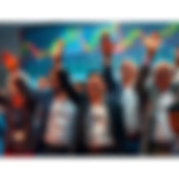 A group of happy investors celebrating a market recovery with smiles and raised hands, surrounded by stock market charts showing positive trends.