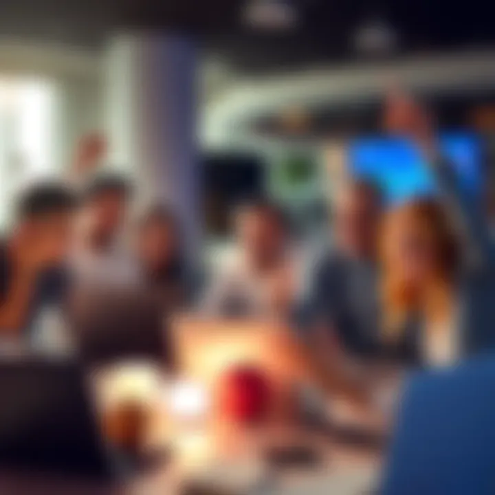 A group of excited investors gather around laptops, analyzing market trends and celebrating recent altcoin investments, displaying euphoric expressions.