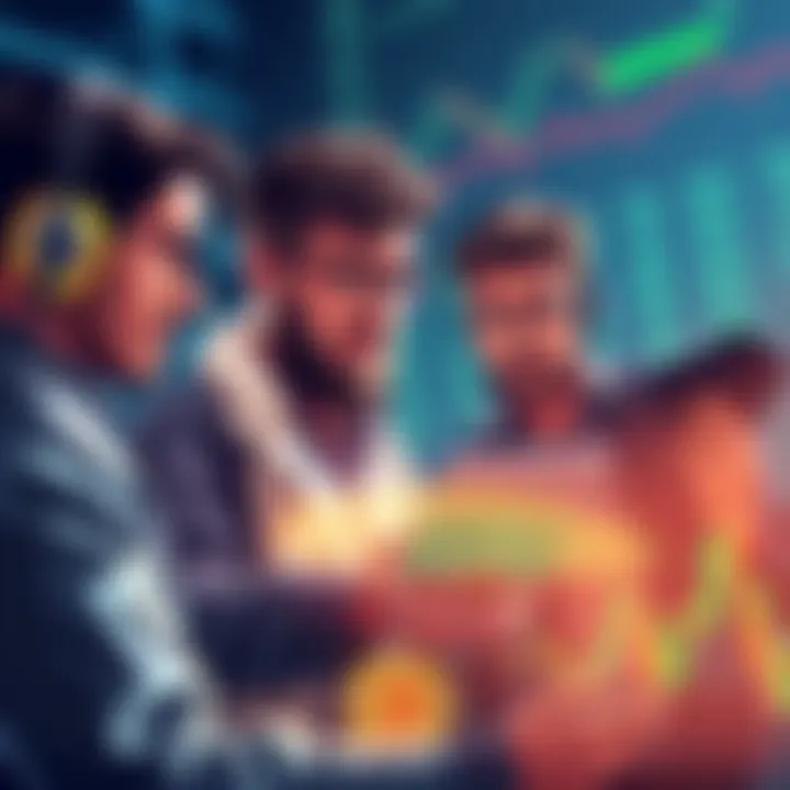 Group of investors discussing their cryptocurrency investments and market trends, showing concern over ETH prices during a bearish market.