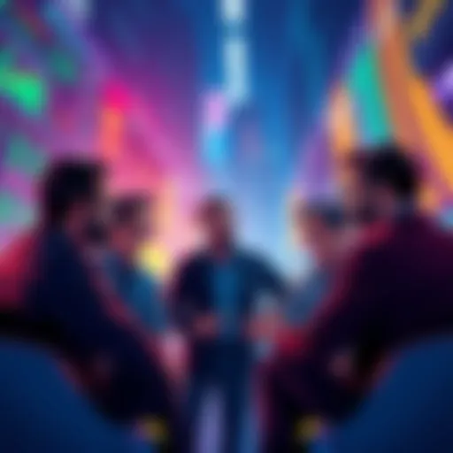 A group of investors discussing next moves after a BTC sell-off, contemplating stocks and stablecoins.