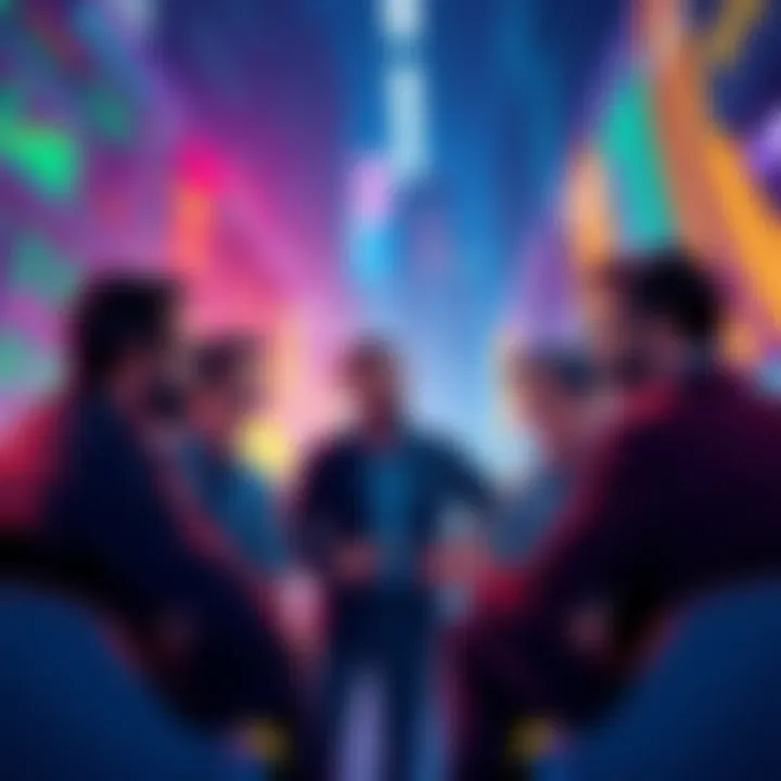 A group of investors discussing next moves after a BTC sell-off, contemplating stocks and stablecoins.