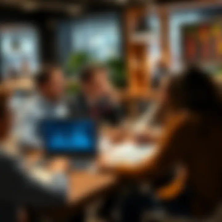 A group of people sitting around a table, sharing experiences about cashing out investments, with charts and graphs visible on a laptop screen.