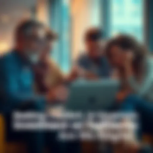 A group of people sitting together, sharing thoughts about their investment worries, looking at financial charts and graphs on a laptop.