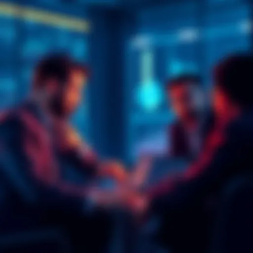 A group of investors engaged in discussion about Nano cryptocurrency, with charts and graphs visible on a laptop screen.