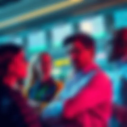 A group of investors discussing whether to sell or hold their assets, looking concerned and engaged in conversation.