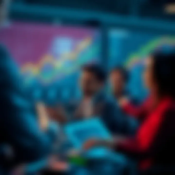 A group of investors analyzing charts with impressive upward trends, showing their focus on achieving large gains instead of traditional metrics.