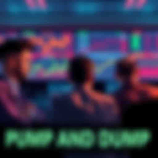 Group of worried investors watching stock prices drop on screens while discussing pump and dump schemes
