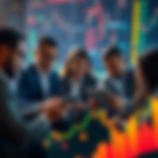 Investors Looking at Tokenized Stocks A group of diverse investors examining digital stock charts and tokens on laptops and tablets, discussing the trends in tokenized investments.