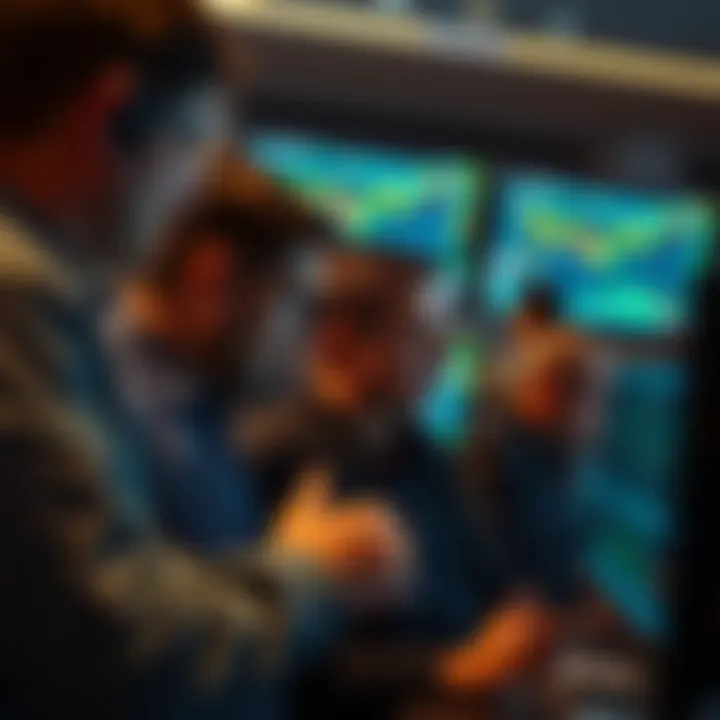 A group of investors analyzing cryptocurrency charts on screens, showing signs of tension and interest.