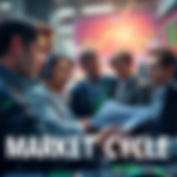 A group of investors analyzing stock charts and trends in a busy office, looking concerned about missing out on potential gains as prices rise.