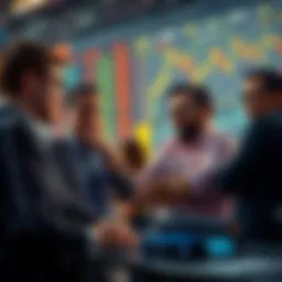 A group of investors looking at stock charts and graphs, showing uncertainty and concern about market activity.