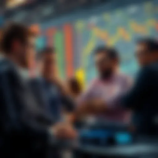 A group of investors looking at stock charts and graphs, showing uncertainty and concern about market activity.