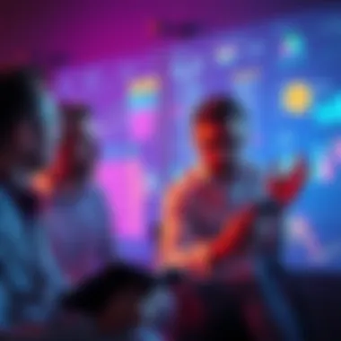 A group of investors looking at charts and graphs related to AI stocks, showing interest in technology over Bitcoin.