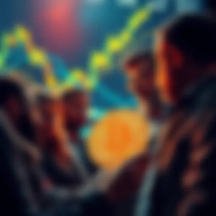 Group of investors discussing Bitcoin's price drop with charts and graphs in the background