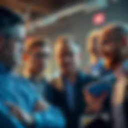 A group of investors discussing market trends and potential investments with concerned expressions, highlighting contrasting outlooks between institutions and retail investors.