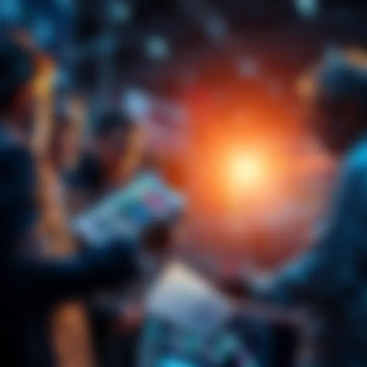 A group of investors discussing market strategies while reviewing charts and graphs.