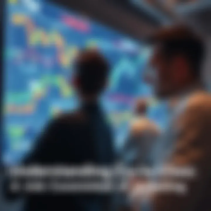 A group of investors studying graphs and charts on a digital screen, showing fluctuating market trends during a cycle low, illustrating the importance of strategy and conviction in investing.