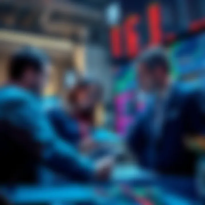 A group of investors looking at stock charts and discussing market trends after recent price drops