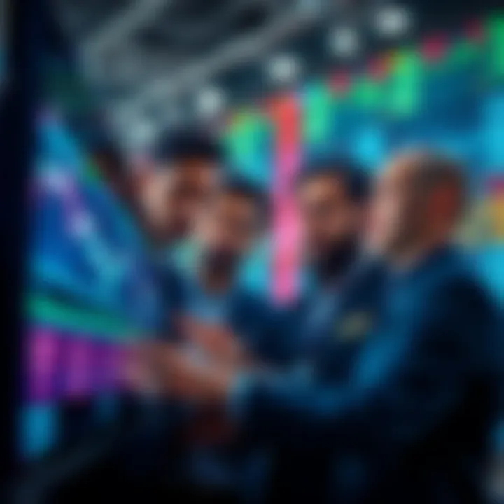 A group of investors discussing strategies while looking at market charts on a digital screen, with expressions of concern and focus.