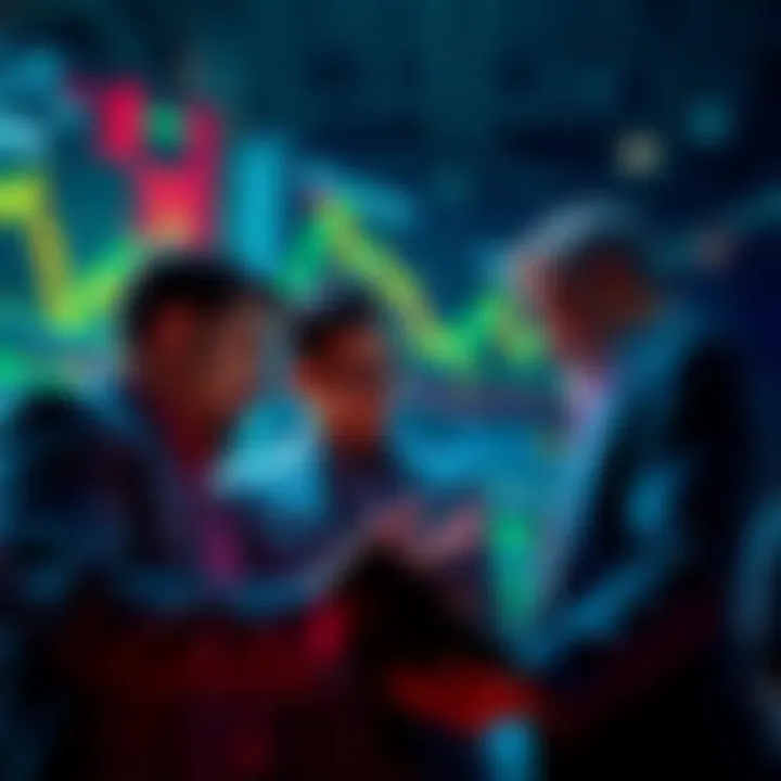 A group of investors looking at financial charts and discussing strategies as market prices rise.