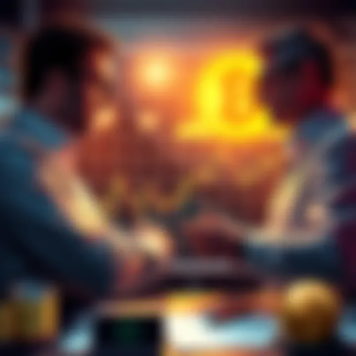 Two investors discussing Bitcoin's future with charts and graphs in front of them