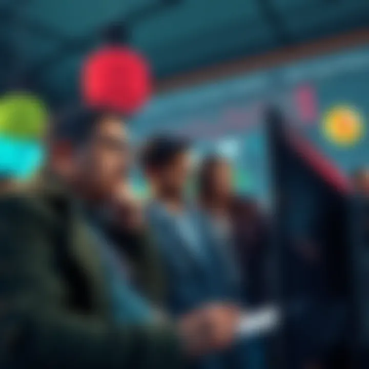 A group of people studying charts and graphs on Buttcoin's past performance, looking confused and concerned about future profits