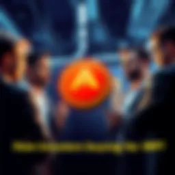 A group of diverse investors discussing AMP cryptocurrency while showing interest in its benefits, highlighting low fees and fast transactions.