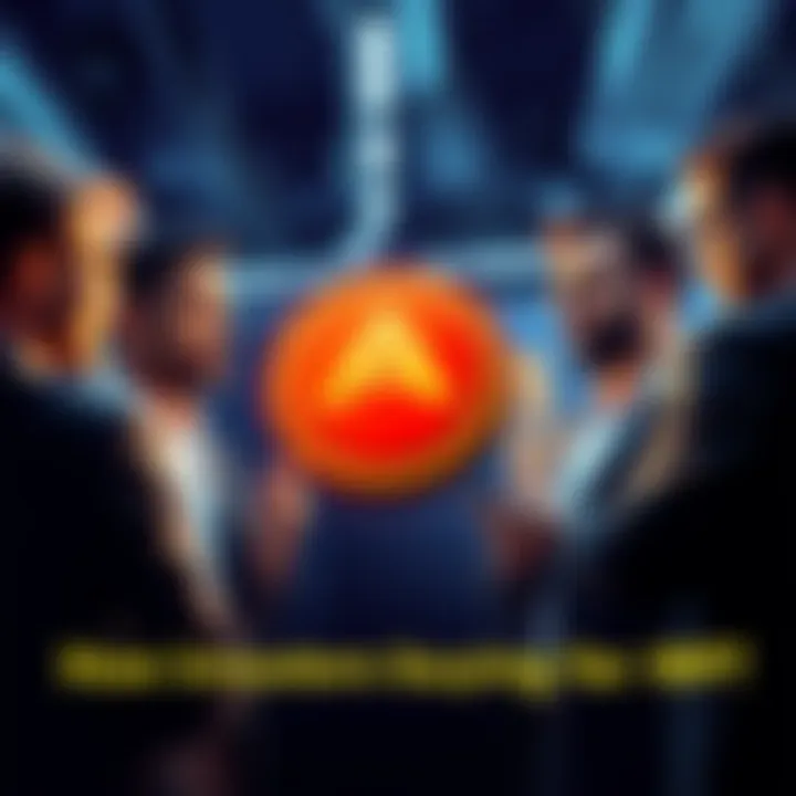 A group of diverse investors discussing AMP cryptocurrency while showing interest in its benefits, highlighting low fees and fast transactions.