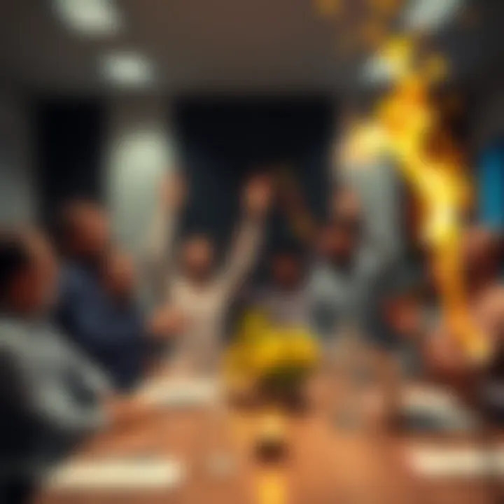 A group of seasoned investors celebrating the $70k milestone in a conference room.