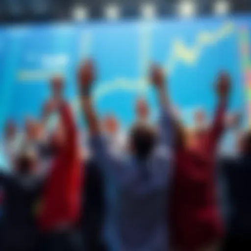 A group of happy investors raising their arms in celebration as the stock market trends upward, symbolizing the end of a bear market.