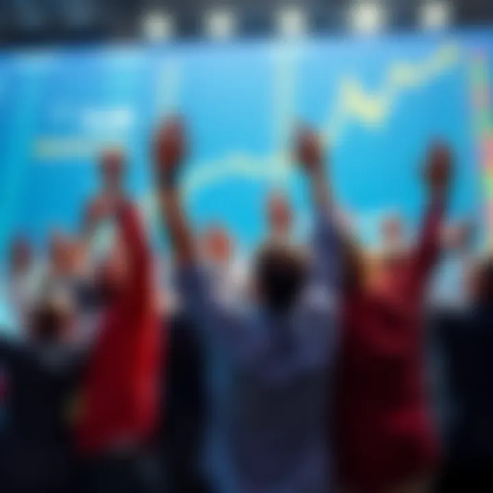 A group of happy investors raising their arms in celebration as the stock market trends upward, symbolizing the end of a bear market.