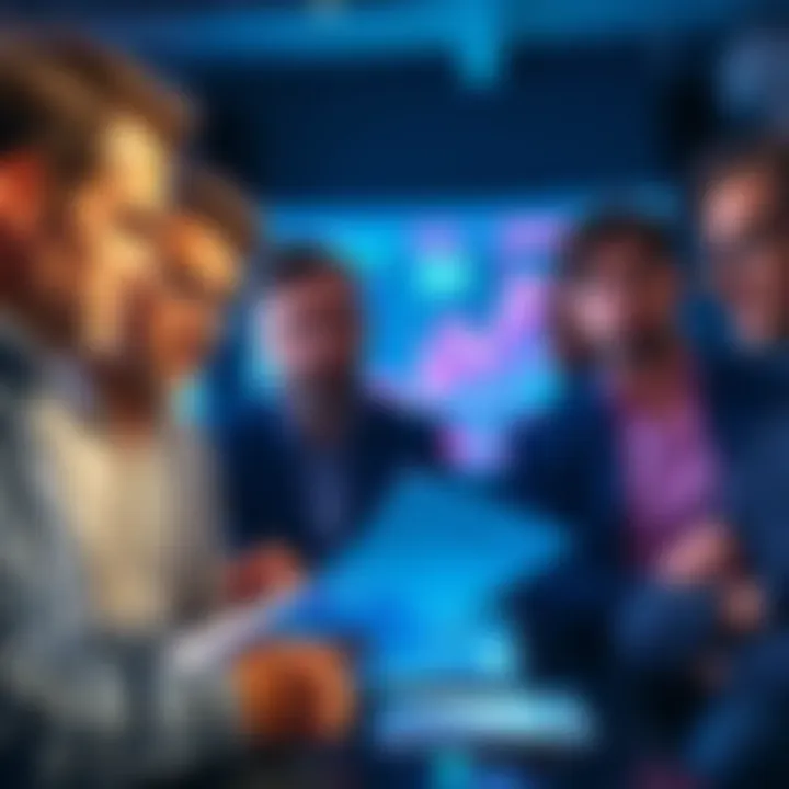 A group of investors with worried expressions discussing financial charts and documents related to MSTR and STRC.