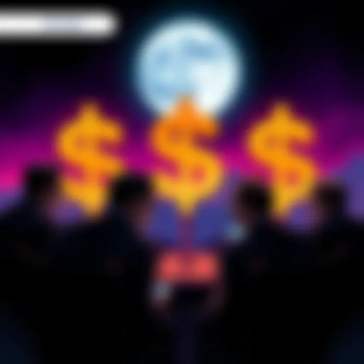 Investors Discuss Crypto Targets Group of investors talking about cryptocurrency price targets, with a moon and dollar signs in the background