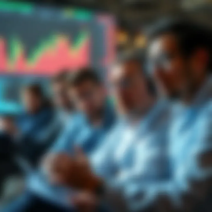 Investors Looking at Cryptocurrency Charts A group of investors reviewing cryptocurrency charts with worried expressions, showing their concern over recent losses in the market.