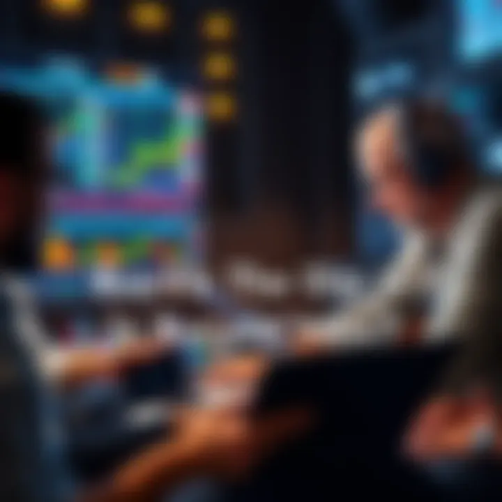 A group of investors analyzing cryptocurrency charts and graphs on laptops and tablets, focusing on buying strategies in a market downturn.