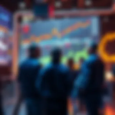 A group of investors talking about the 40k entry point with charts and graphs in the background