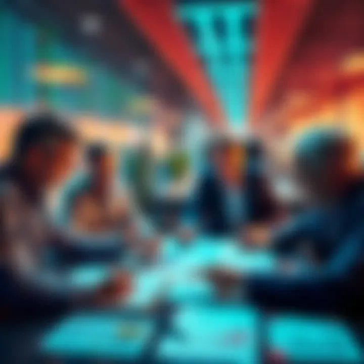 A group of investors discussing strategies with charts and graphs on a table.
