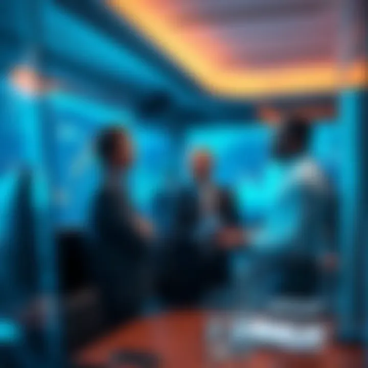 Investors Discuss Real-World Asset Tokenization Group of investors analyzing charts and graphs related to real-world asset tokenization in a meeting room