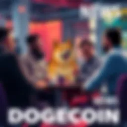 A group of people sharing experiences and advice about Dogecoin investments in a friendly setting
