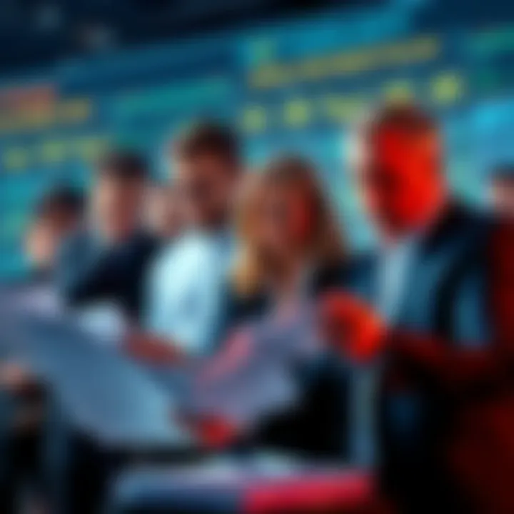 Investors examining financial reports A group of people looking concerned while reviewing financial documents and charts, showing signs of stress and focus on losses