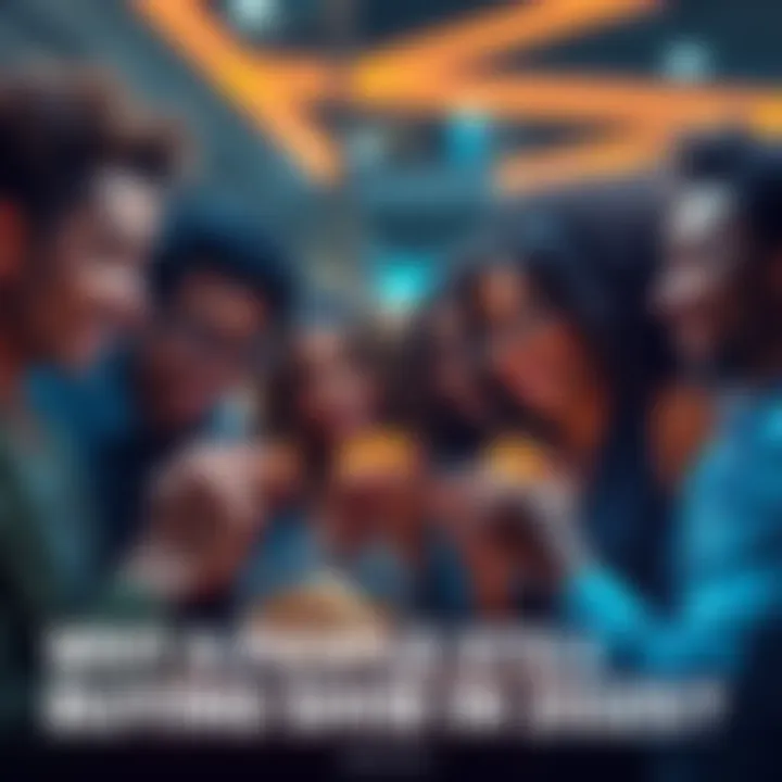 A group of diverse people looking at their SHIB coins with excitement, discussing potential gains from their investment.