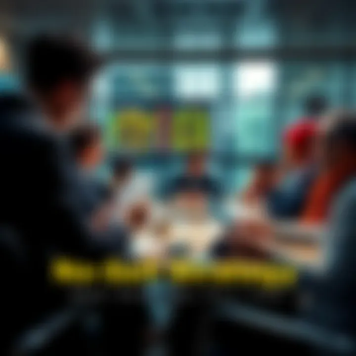 A group of investors discussing their stocks, emphasizing a no-sell strategy in a meeting room.