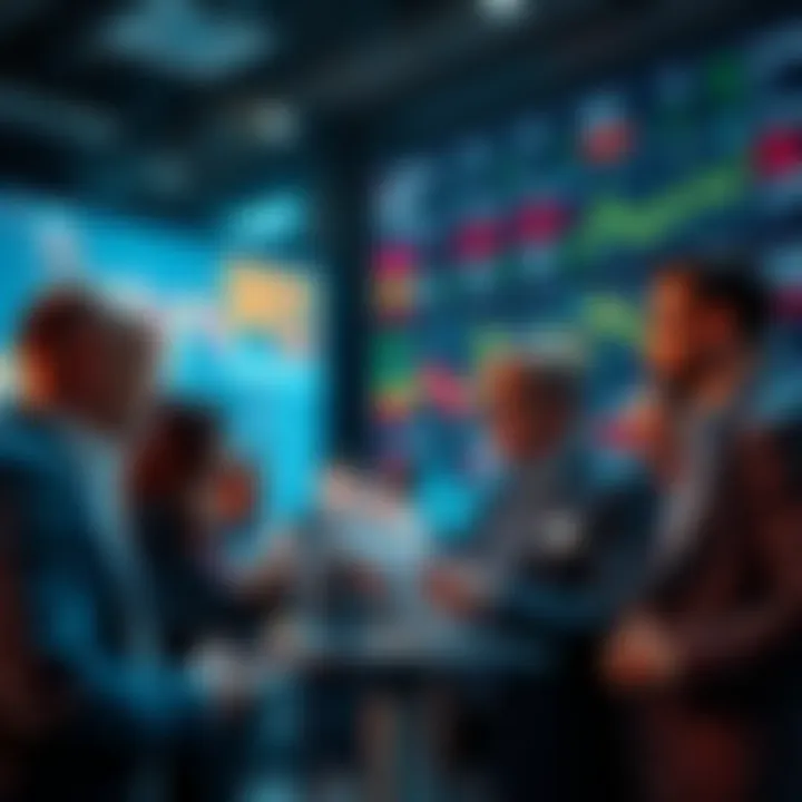 Investors Holding Strong A group of investors discussing strategies while looking at stock charts showing prices nearing the .001 mark.