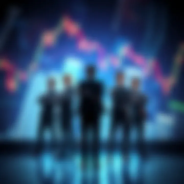 A group of determined investors, standing firm with their arms crossed, facing a turbulent market graph behind them, symbolizing resilience amidst financial chaos