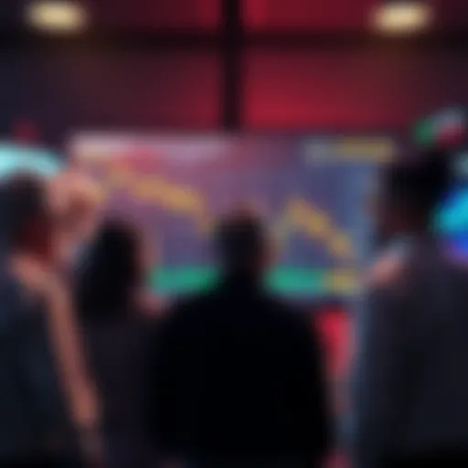 Concerned investors gather around a digital screen displaying a declining graph, showing the drop in SWEAT price and discussing buybacks and rewards.